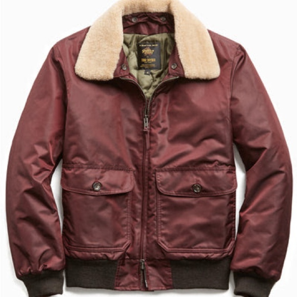 Todd Snyder + Golden Bear Burgundy Bomber Jacket with Shearling Beige Collar